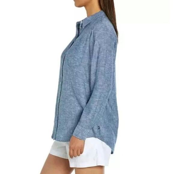 GAP Linen Blend Blue Chambray Relaxed Fit Button Down Shirt Size Medium - Picture 3 of 12